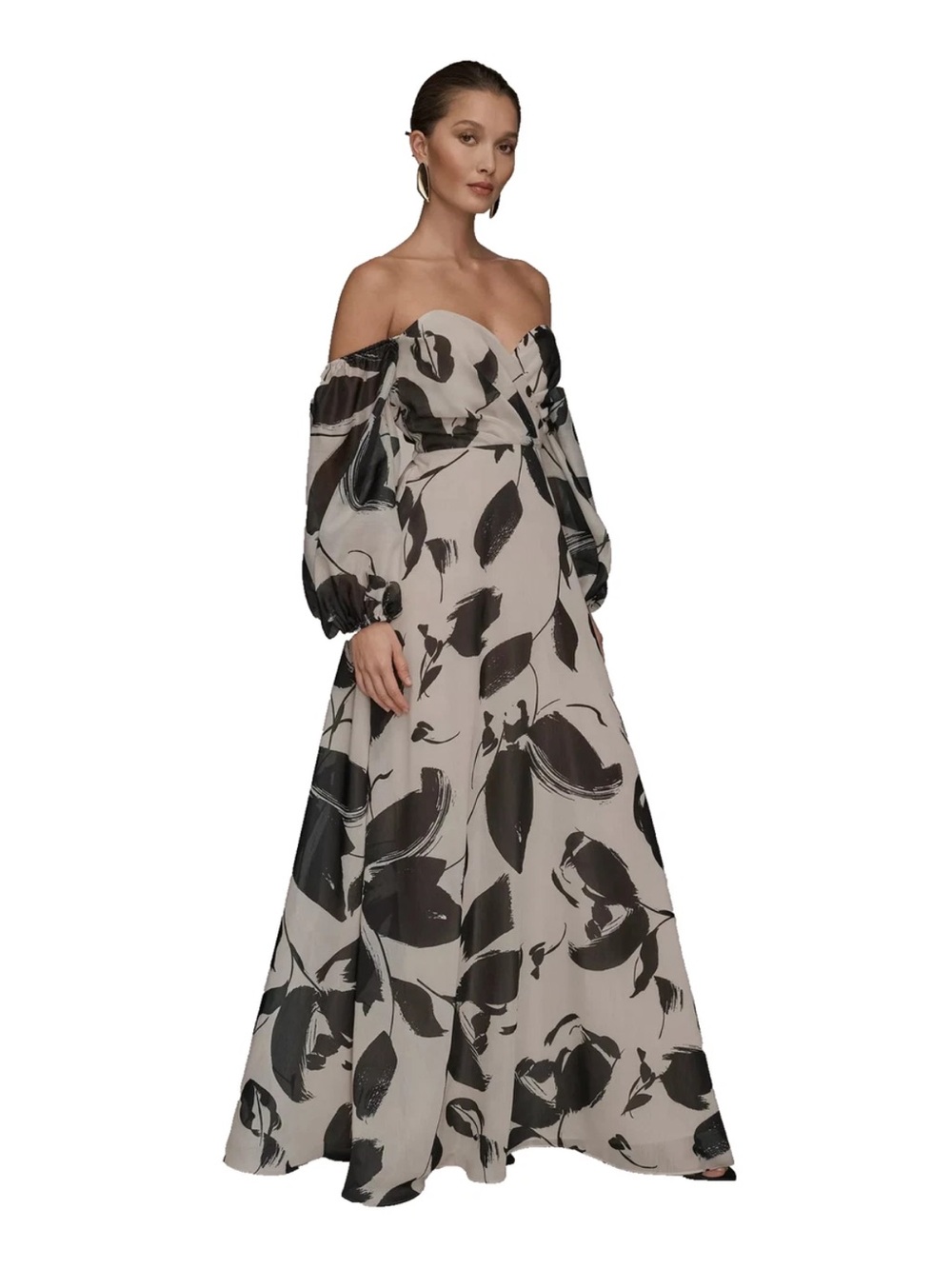 Donna Karan Black & Cream Strapless Off-Shoulder Floral Maxi Dress